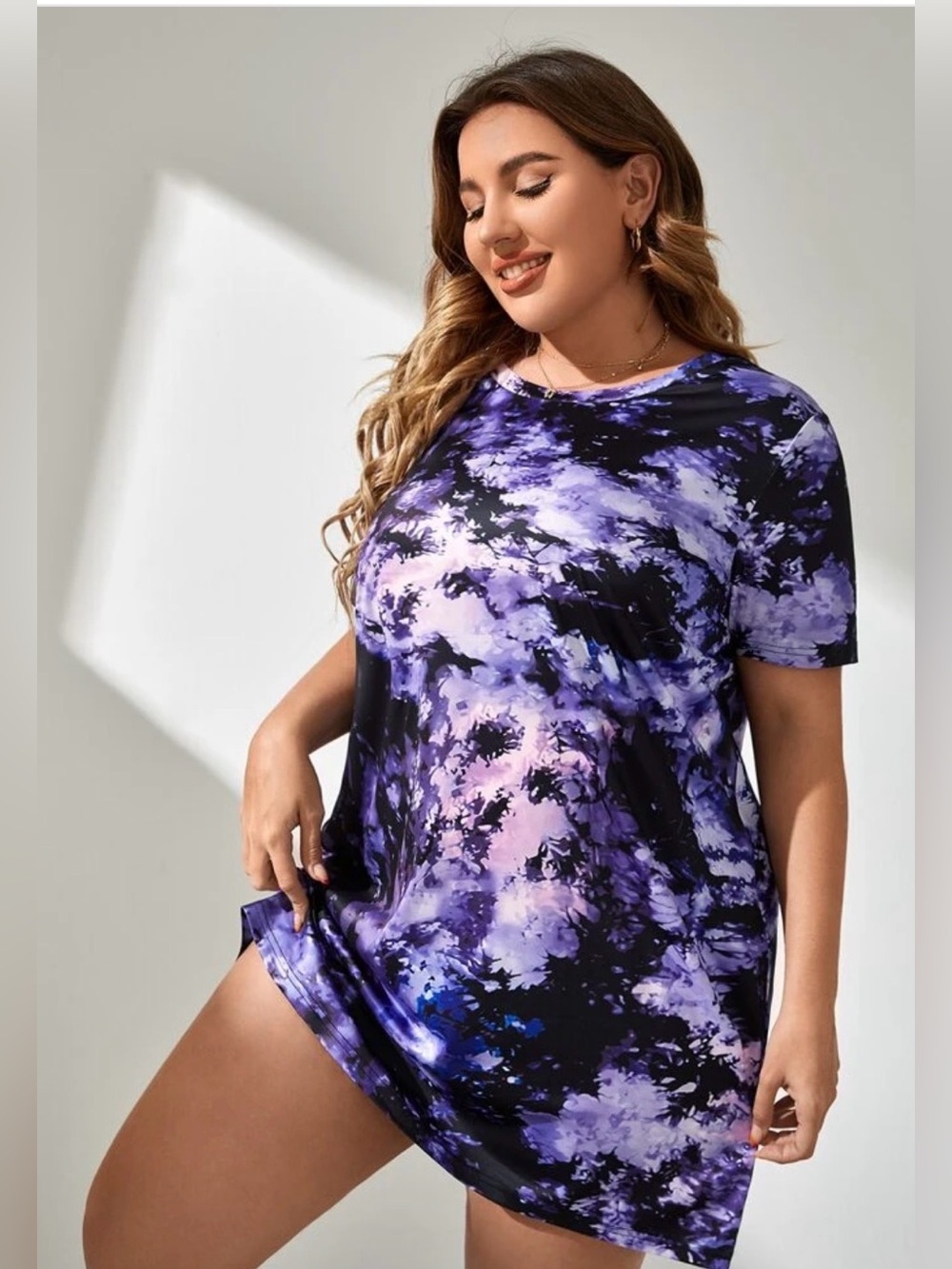 Purple Plus Tie-Dye Short Sleeve Nightgown Dress